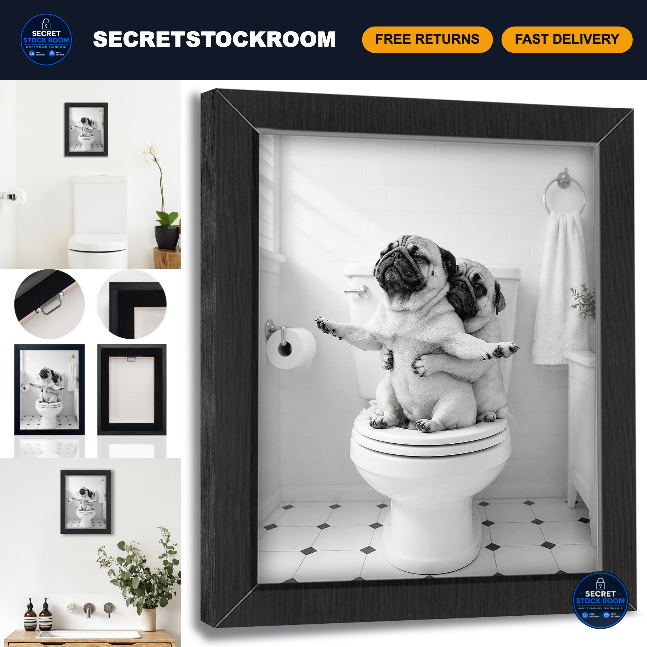 Funny Pug Dog Bathroom Wall Art - Framed Black & White Canvas Decor, 12 Funny Pug Dog Bathroom Wall Art - Framed Black & White Canvas Decor, 12