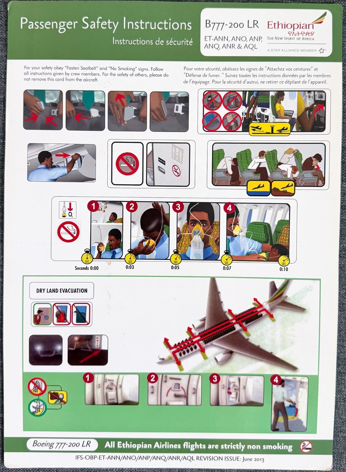 Safety Card Ethiopian Airlines B777-200LR date June 2013