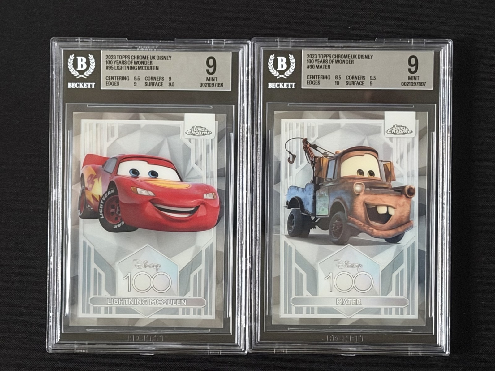 2023 Topps Chrome Disney 100 Lightning McQueen #95 & Mater #60 BGS 9 Lot Cars 2023 Topps Chrome Disney 100 Lightning McQueen #95 & Mater #60 BGS 9 Lot Cars
