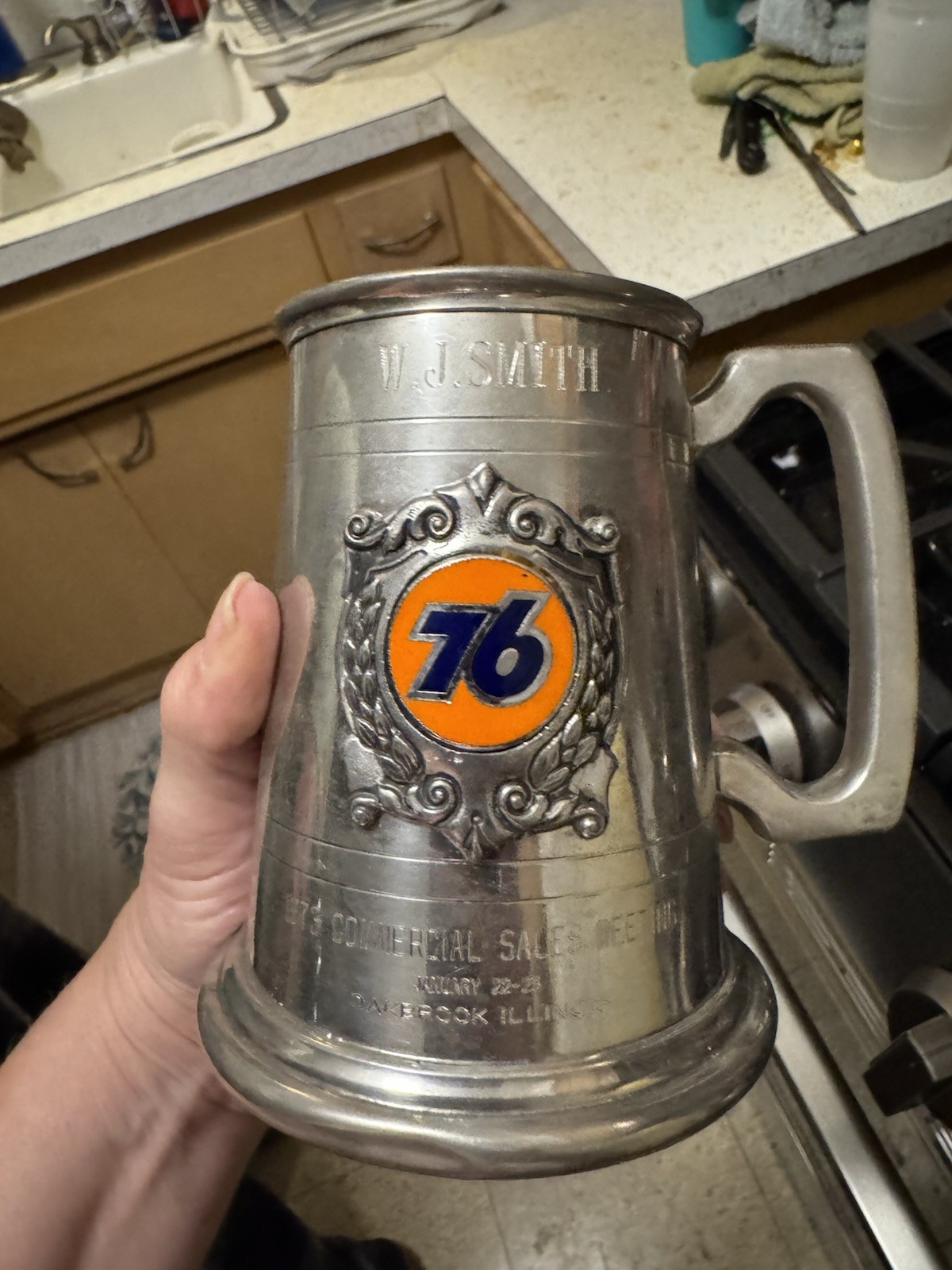 Union 76 1978 Gas & Oil Advertising Mug Stein, Silver Orange Blue, Original Union 76 1978 Gas & Oil Advertising Mug Stein, Silver Orange Blue, Original