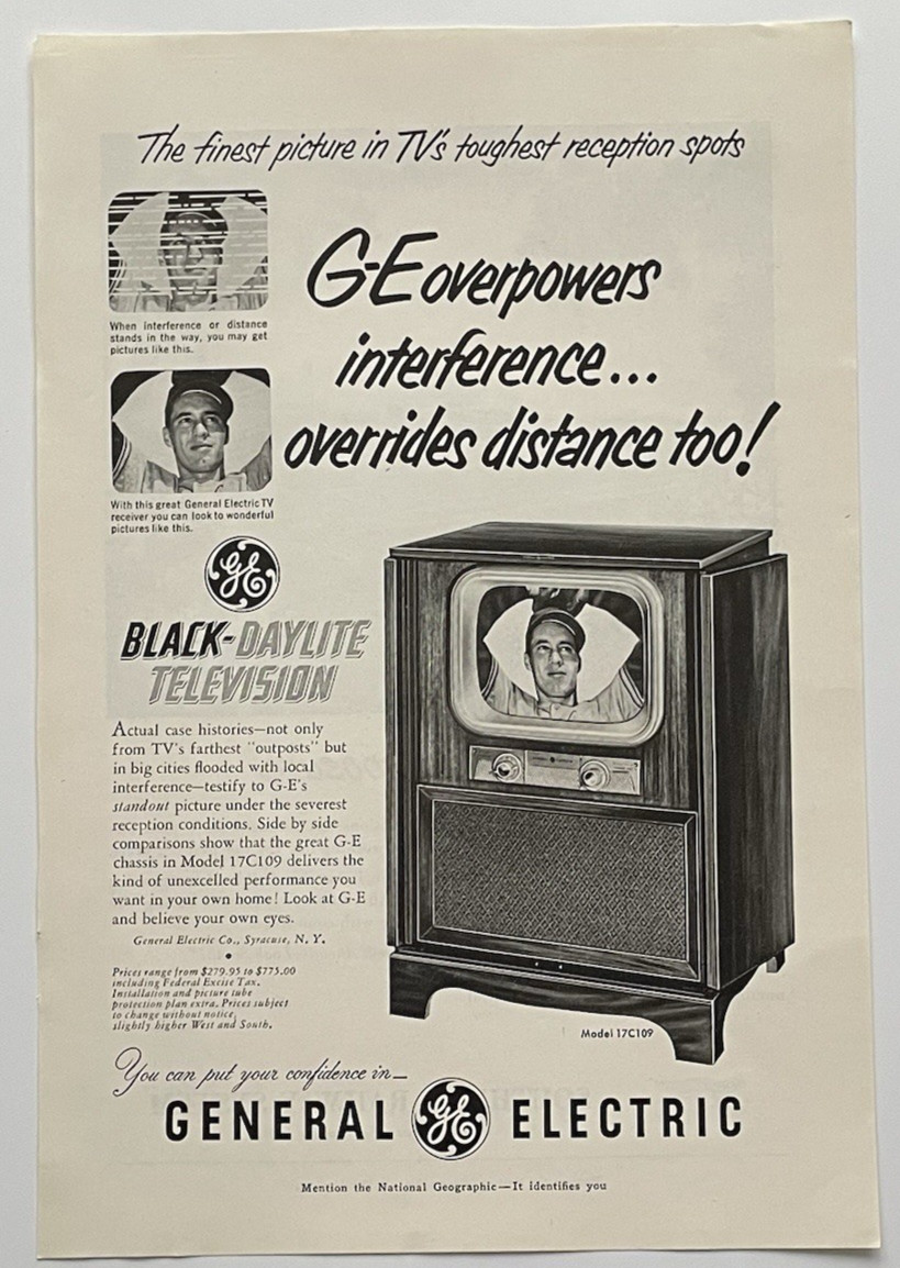 Vintage Print Ad 1951 GE Black Daylite Television GE Overpowers Interference Vintage Print Ad 1951 GE Black Daylite Television GE Overpowers Interference