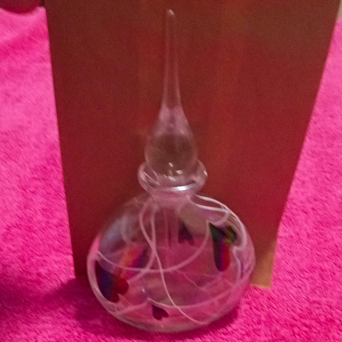 Hand Blown Clear Iridescent  Perfume Bottle w/ Stopper By Glass Act.