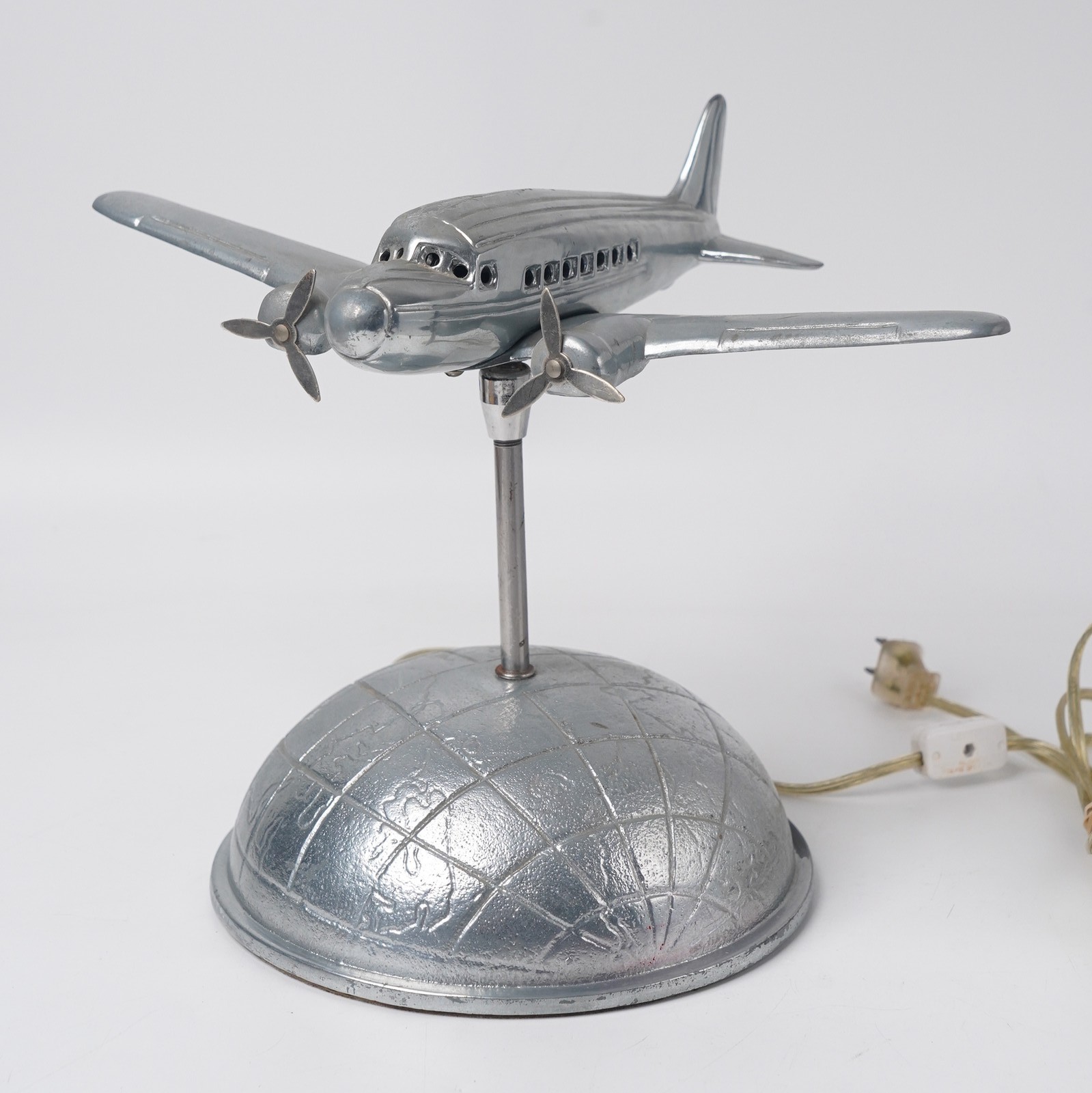 Vintage Sarsaparilla 1991 Art Deco Chrome Airplane Lamp Plane on Globe Base