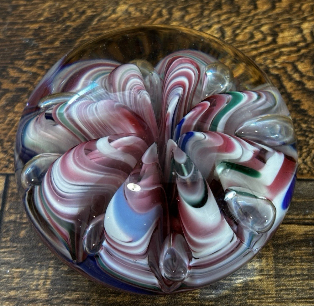 VINTAGE JOE ST. CLAIR ART GLASS MULTI-COLOR RIBBON CRIMP PAPERWEIGHT