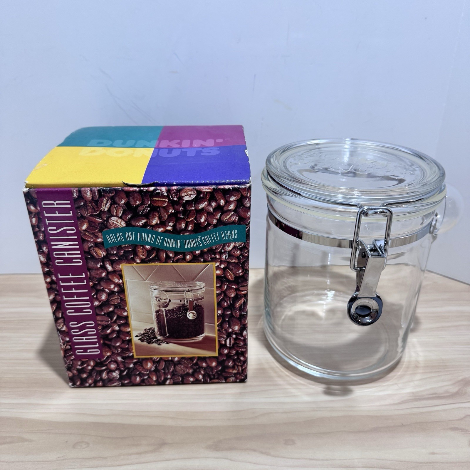 VTG 1996 Dunkin’ Donuts Glass Coffee Canister w/Scoop & Box Made In France Retro