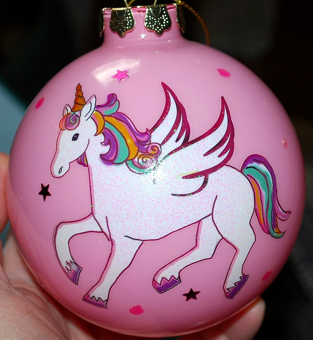 Vtg LARGE ROUND GLASS BALL ORNAMENT Pink Unicorn RAINBOW BRIGHT Glitter Stars 5