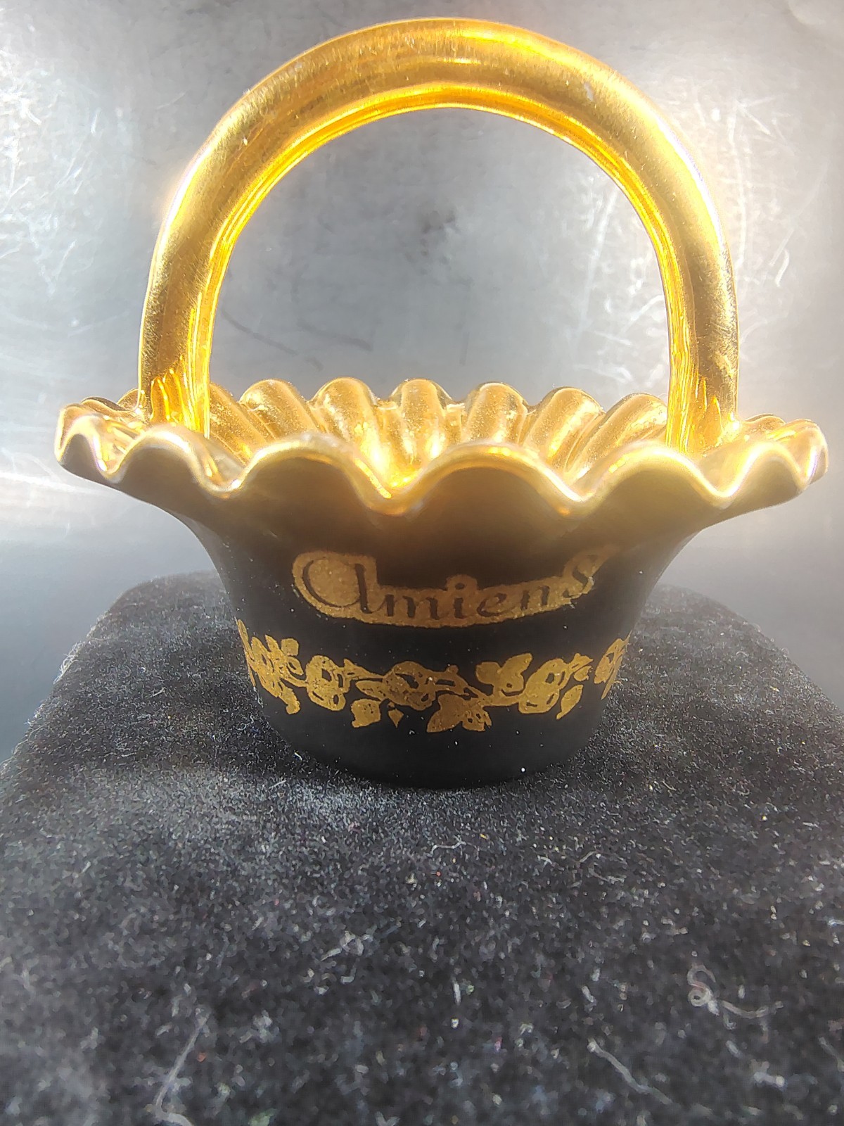 Antique Limoges France Miniature Porcelain Basket Amiens Black Gold Gilt 2.75\