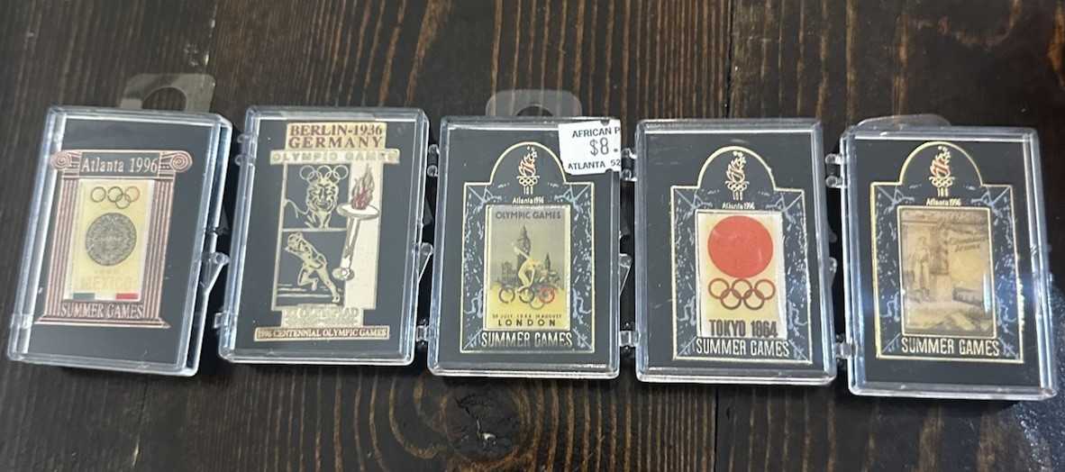 Lot of 5 Olympic Pinbacks w Cases Atlanta 1996 Berlin 1936 Tokyo 1964 London