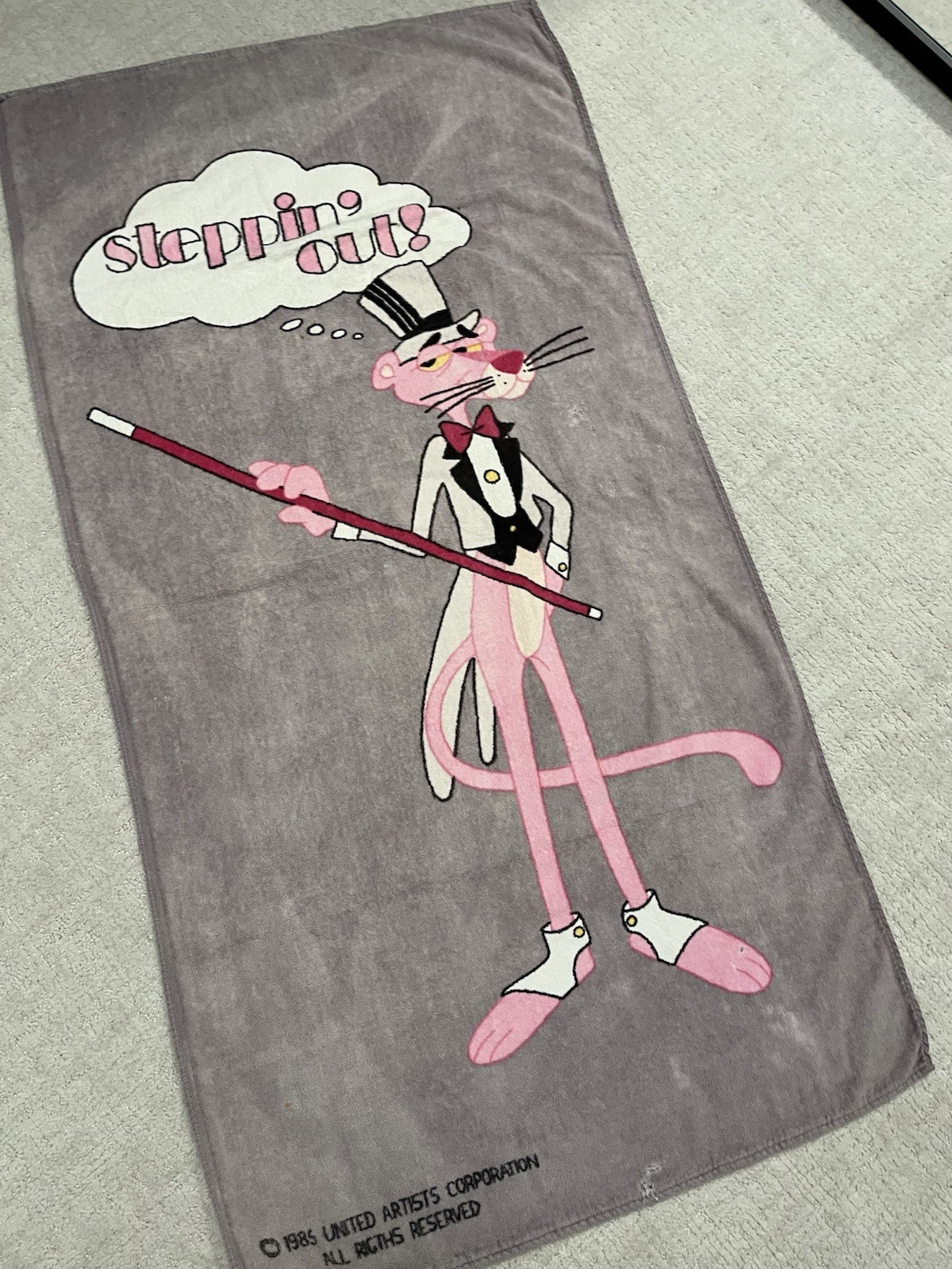 Vintage 1985 Pink Panther Steppin Out Beach Towel Jay Franco 28x54 Gray Cotton