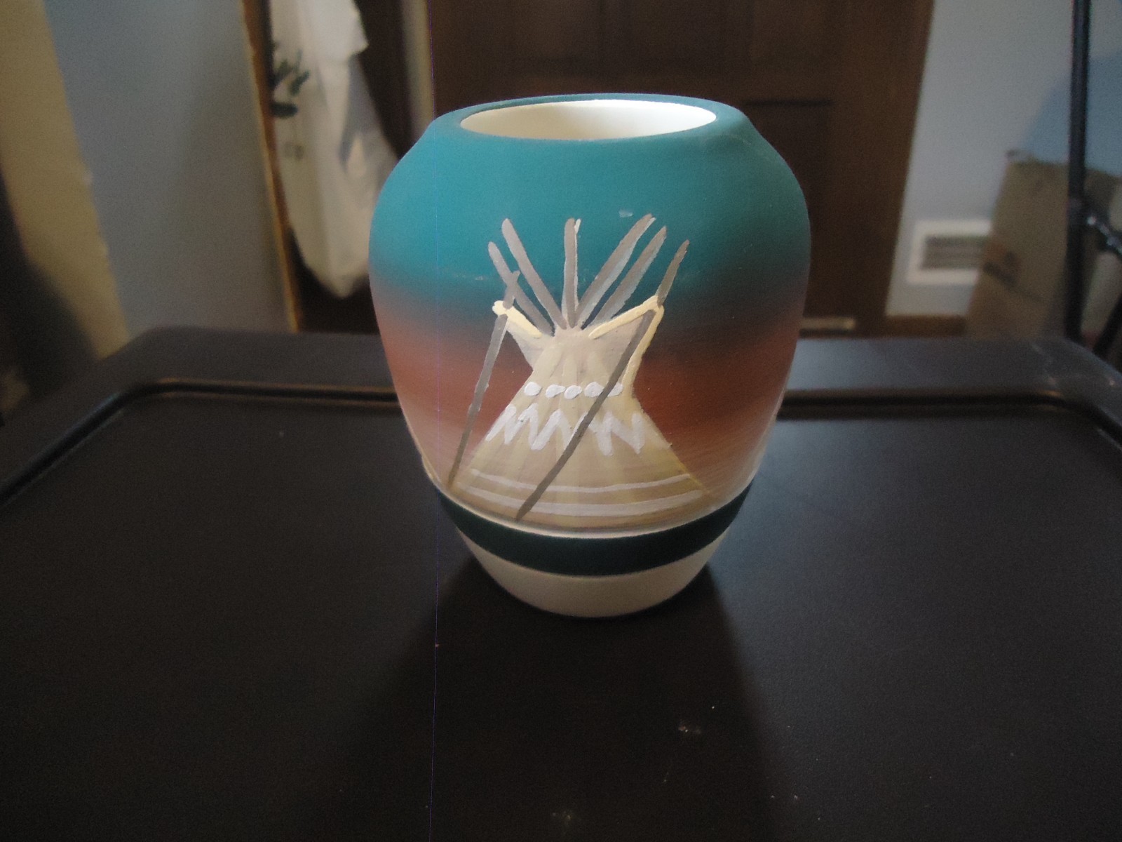Vintage Lakota Sioux Hand Painted Etched Vase Teal/Brown/Tan/Ivory Artist Signed
