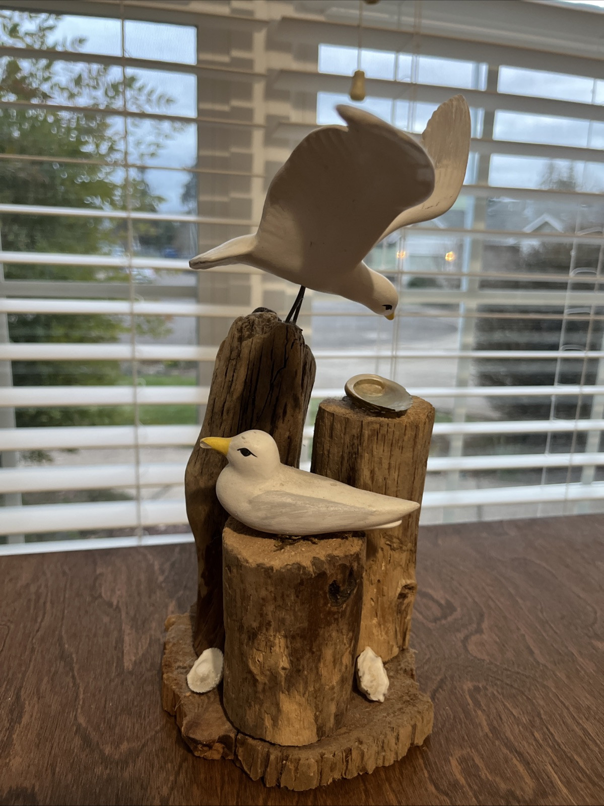 Pair of Vintage Porcelain Seagulls on Wood  Beach Shells Cottage