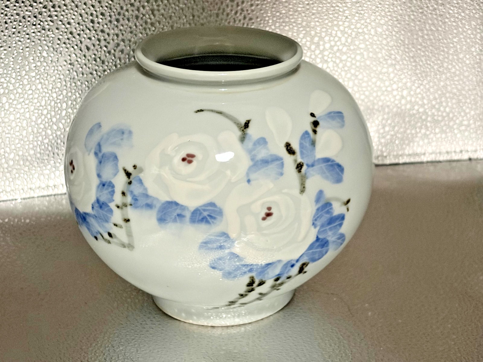 Signed Chuljin Korean White Porcelain Vase Raised Relief Rose Blue Leaf Flower Signed Chuljin Korean White Porcelain Vase Raised Relief Rose Blue Leaf Flower
