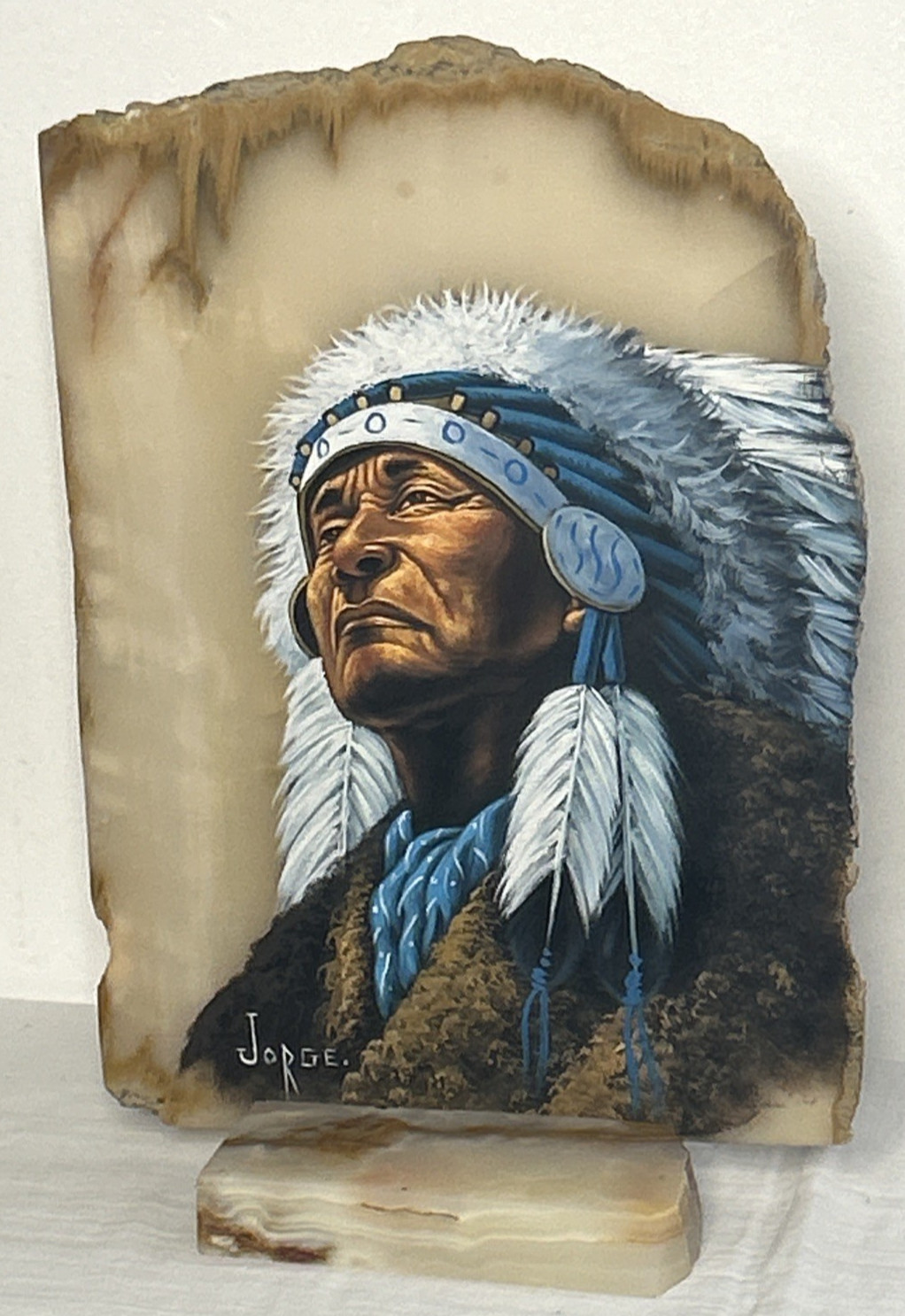 Native American Chief Hand Painted On thick Stone Slab signed Jorge 16\