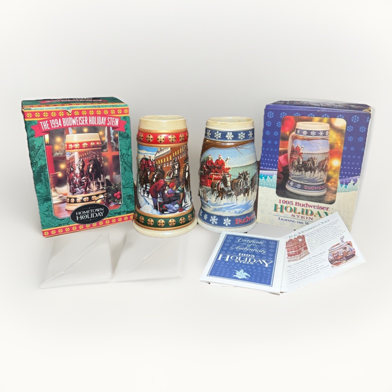 1994, 1995, Budweiser Holiday Beer Steins w/ box Set Lot Of 2 1994, 1995, Budweiser Holiday Beer Steins w/ box Set Lot Of 2