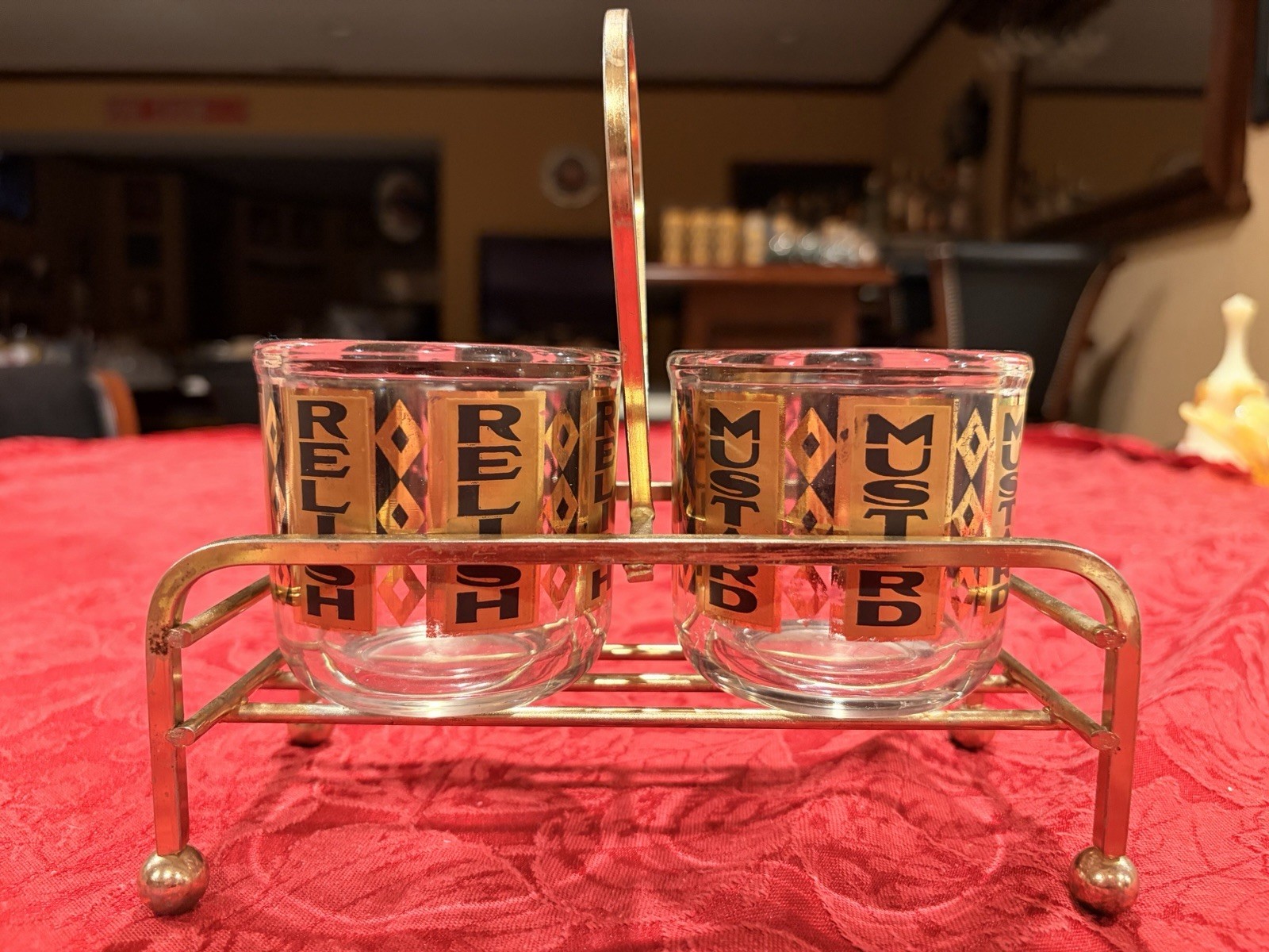 Retro Libbey Vintage MCM Relish & Mustard Glass Condiment Set +Brass Tone Caddy