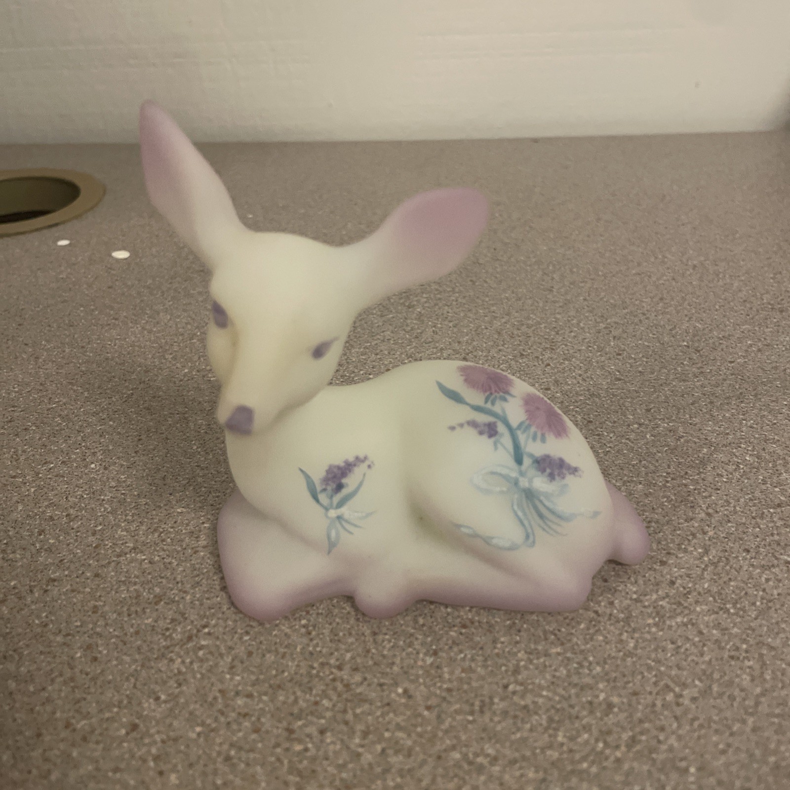 Vintage Fenton Glass White Satin Fawn Deer Figurine, Hand Painted By CS Nackay