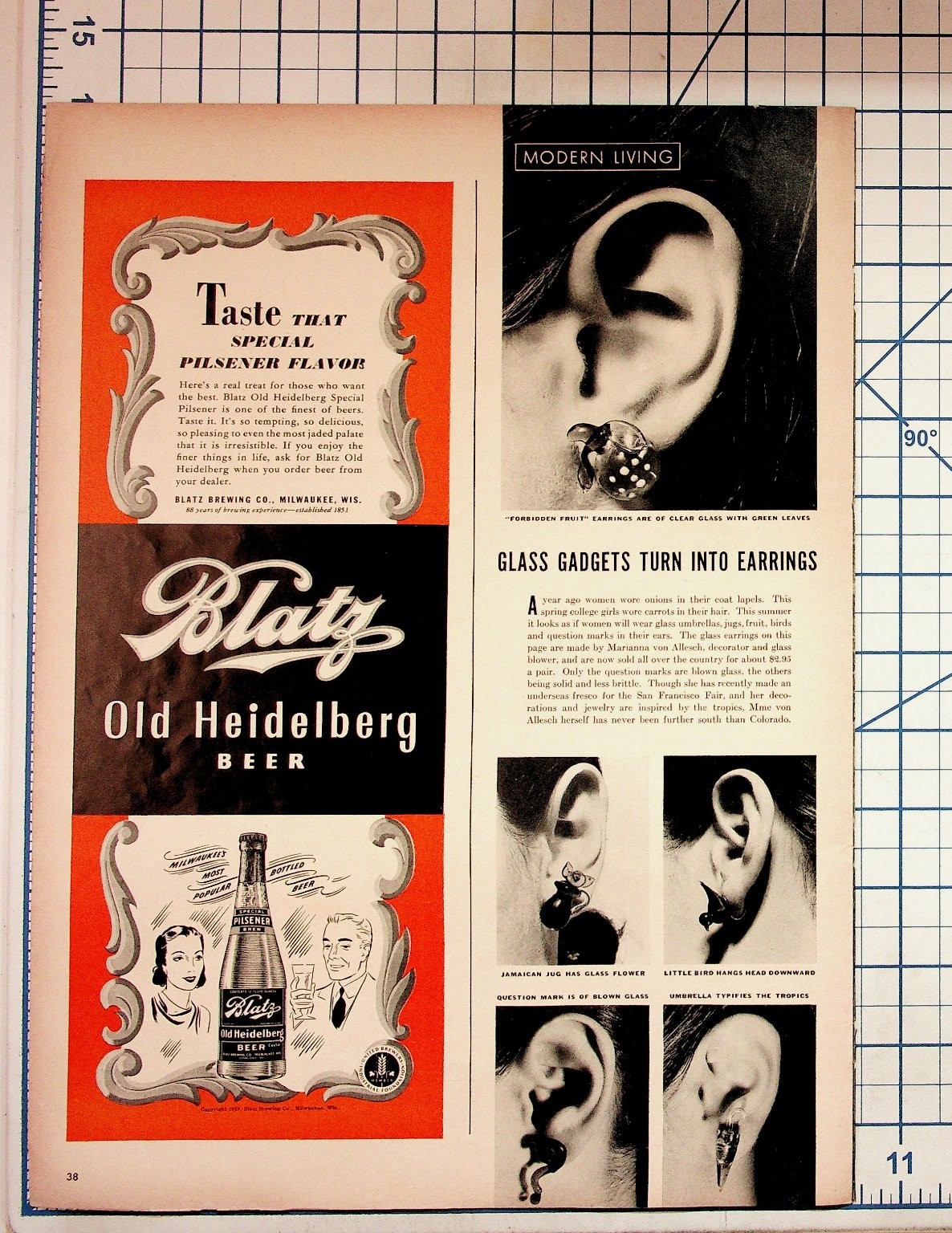 1939 Blatz Old Heidelberg Beer Ad & Marianna von Allesch Glass Earrings Article 1939 Blatz Old Heidelberg Beer Ad & Marianna von Allesch Glass Earrings Article