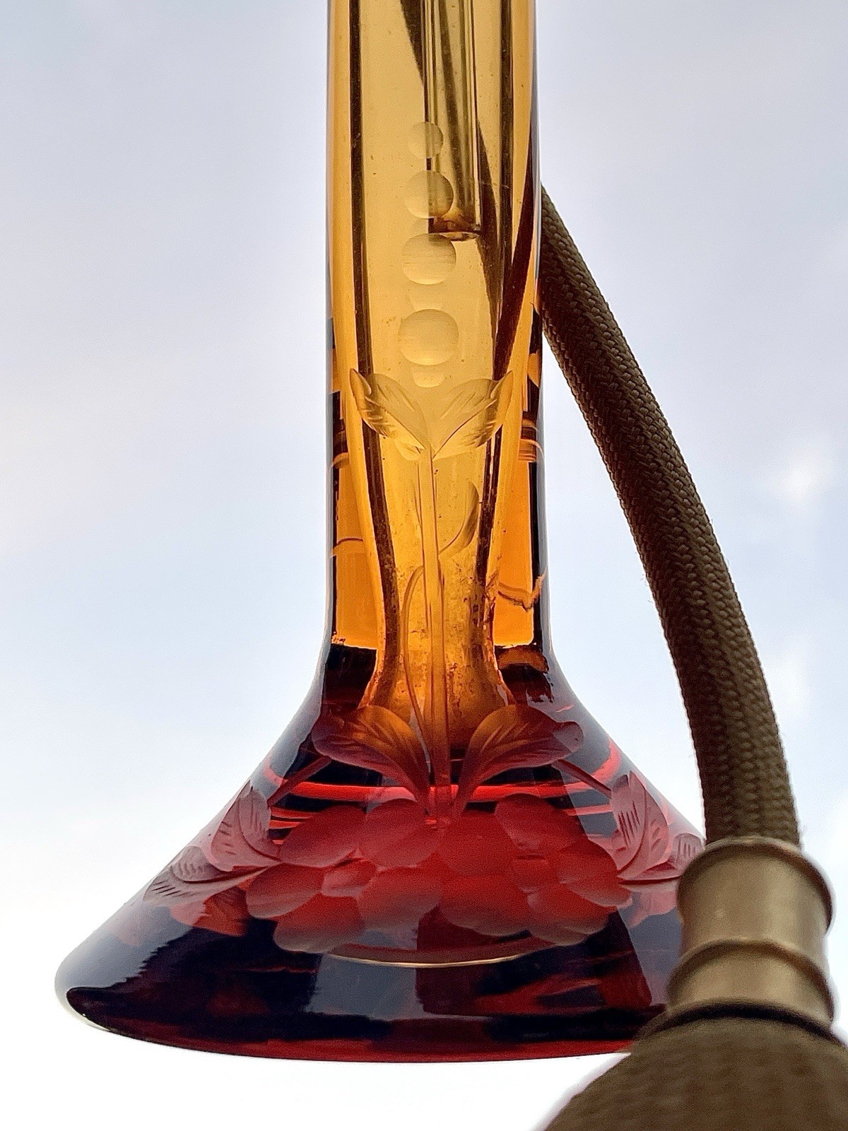 STEUBEN-HAWKES-DeVilbiss Perfume Atomizer Amber Glass Signed 1925 Wheel Cut