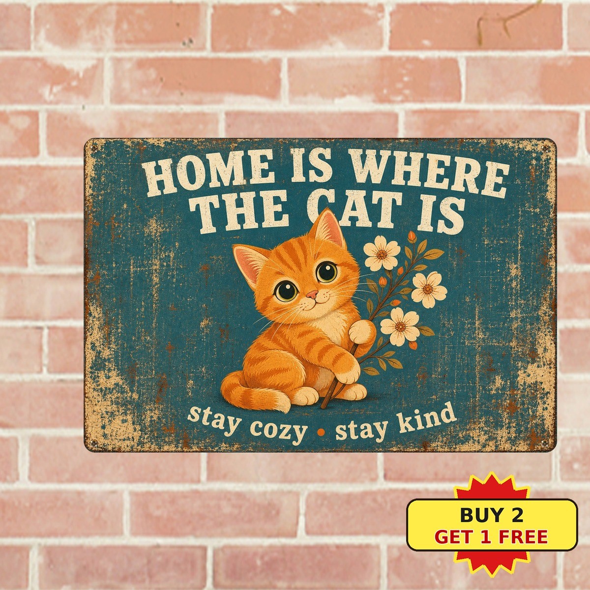 home_is_where_the_cat_is_orange_kitten_flower_branch_vintage_typography_distress
