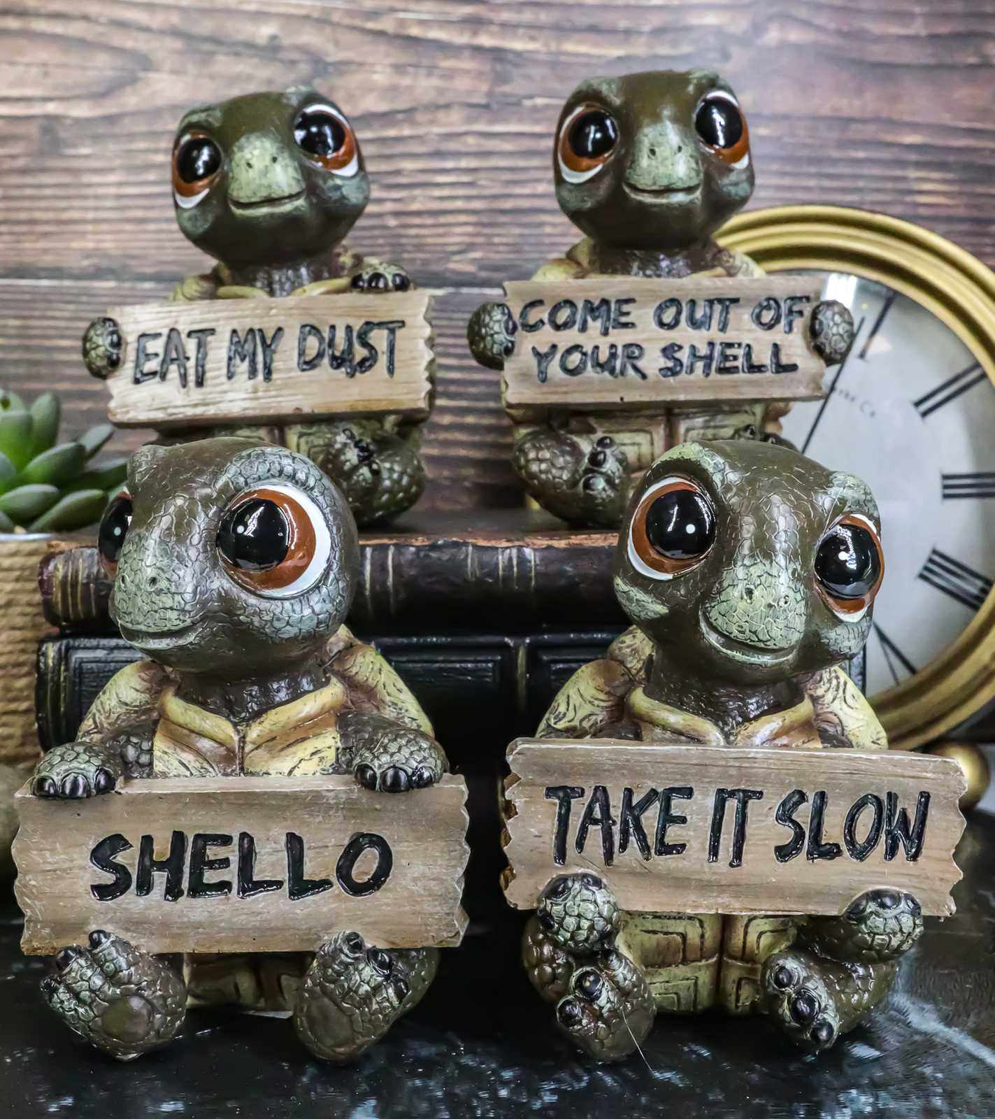 Ebros Whimsical Baby Sea Turtle Set of 4 Figurine Holding Signs W/ Funny Sayings