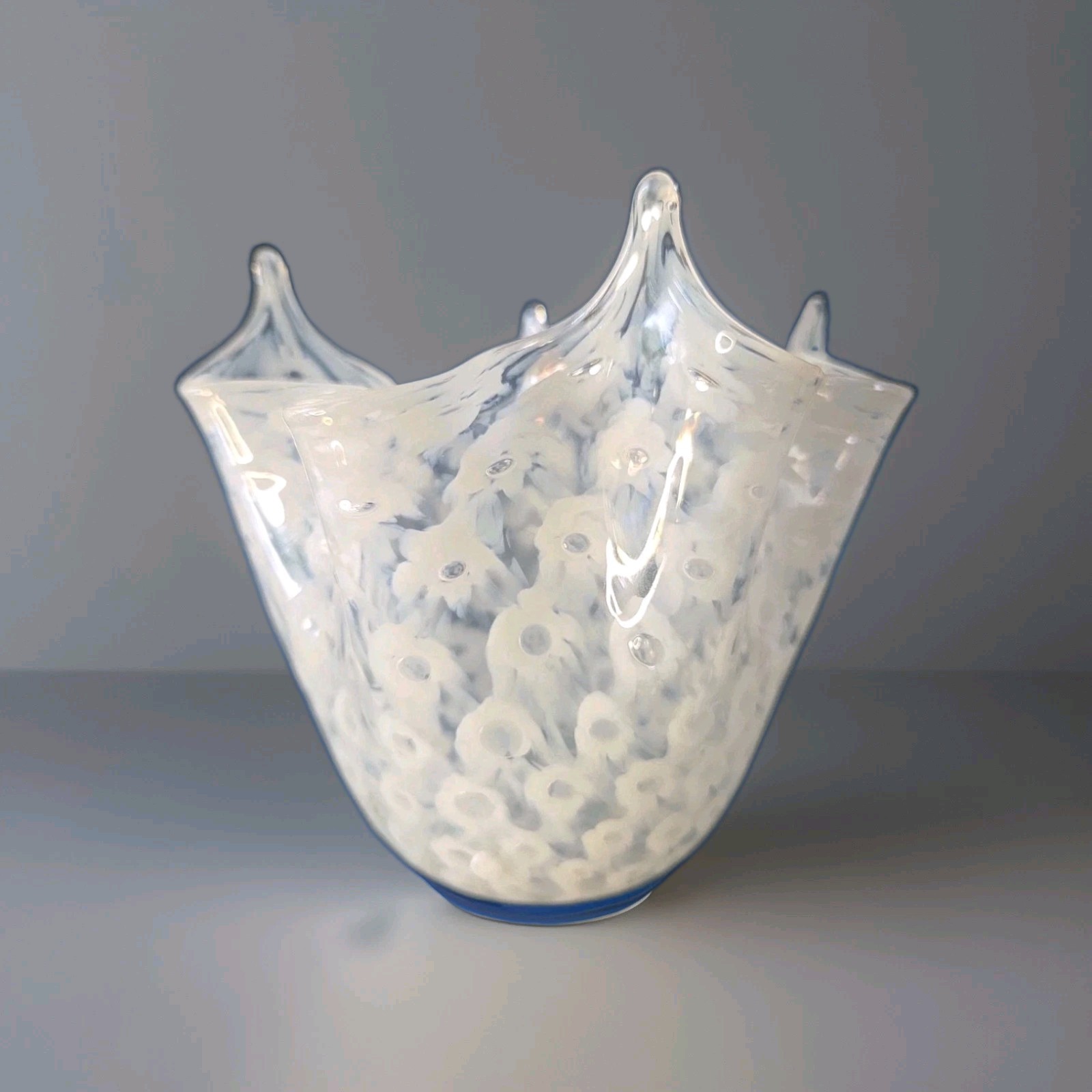 Vintage La Murrina Murano Glass Ruffled Bowl Signed Stamped White Murrine Italy