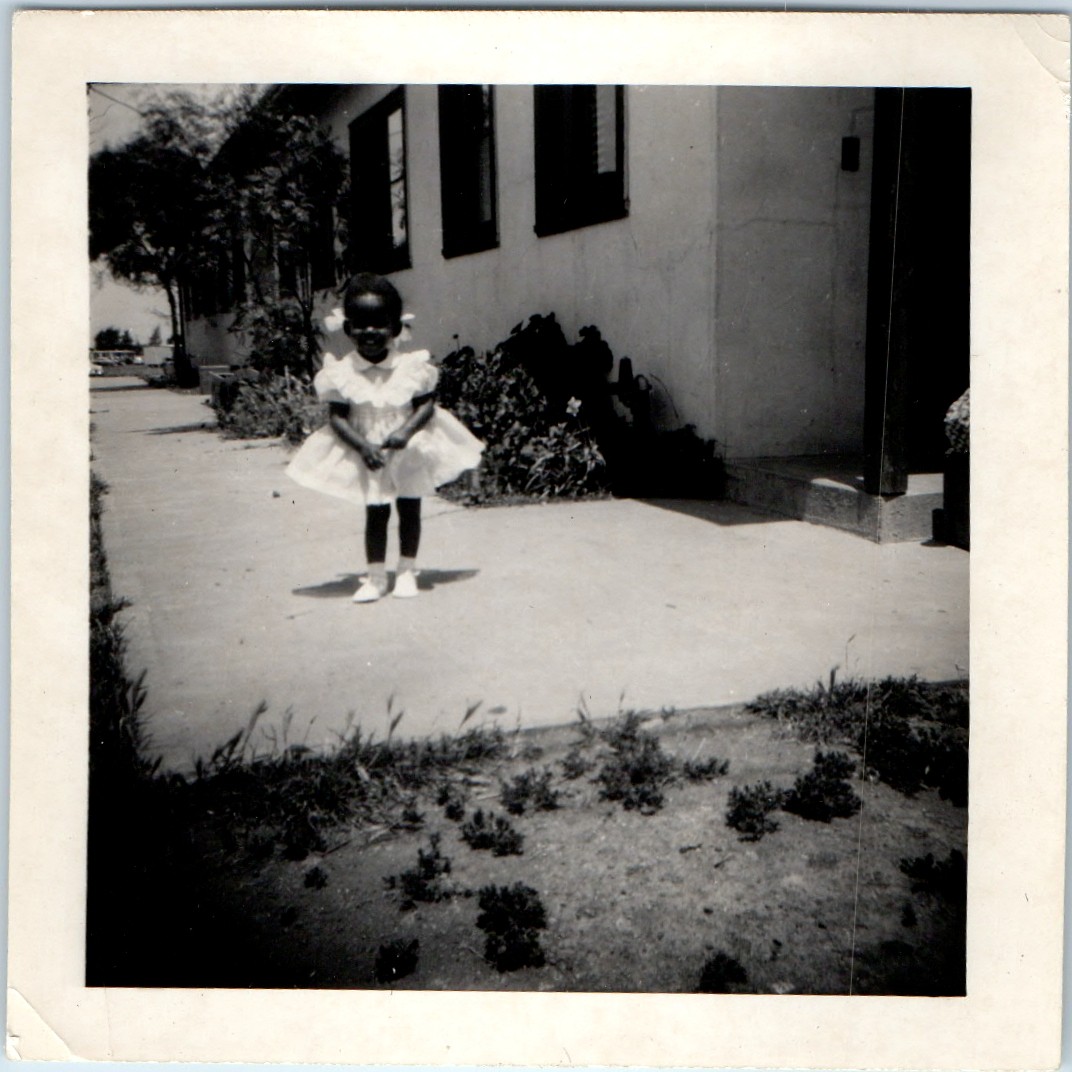 c1950s African American Cute Girl White Ruffle Dress Hair Bows Snapshot Photo c1950s African American Cute Girl White Ruffle Dress Hair Bows Snapshot Photo