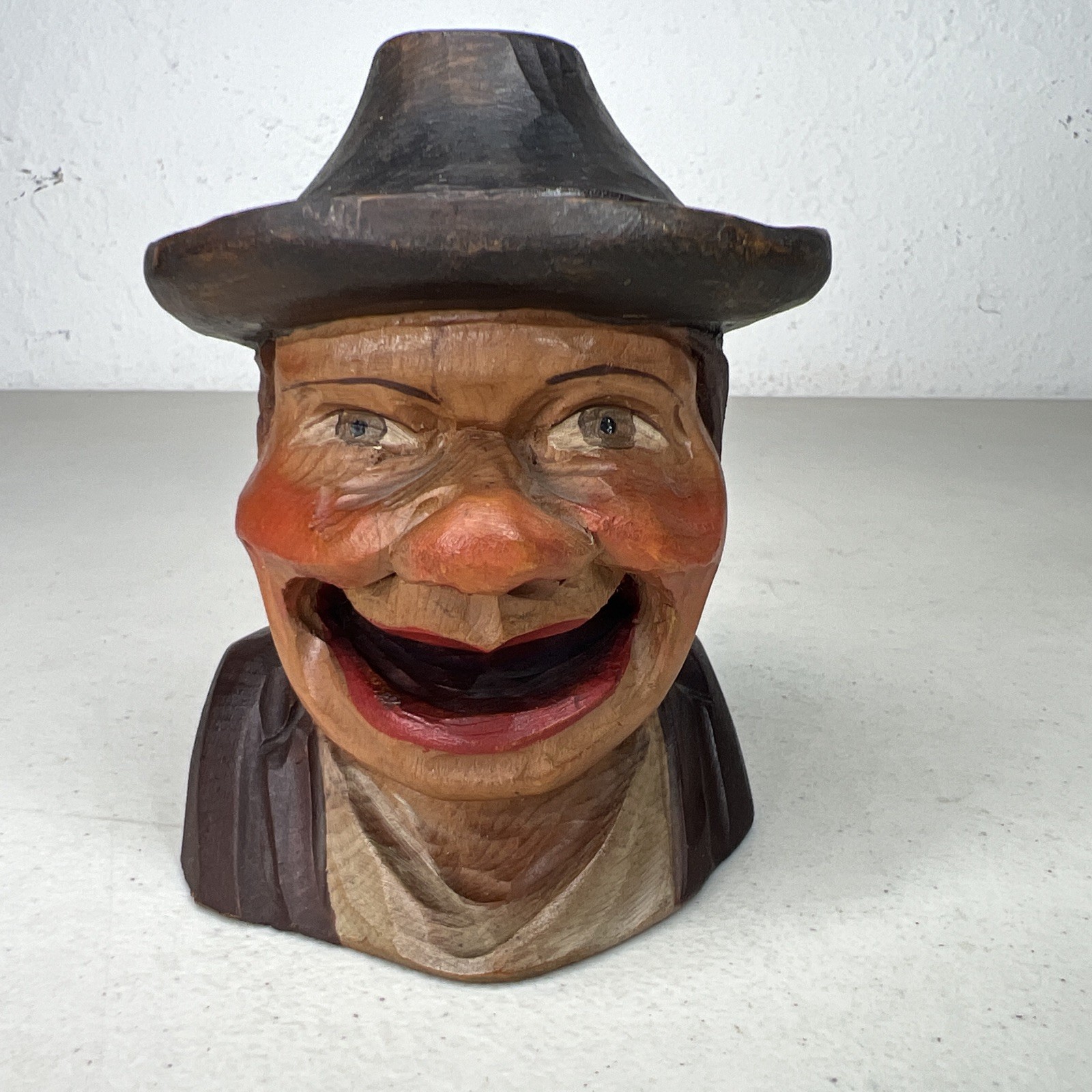 Rare Antique Italian Hand Carved Painted Wood Man Laughing Hat ITALY