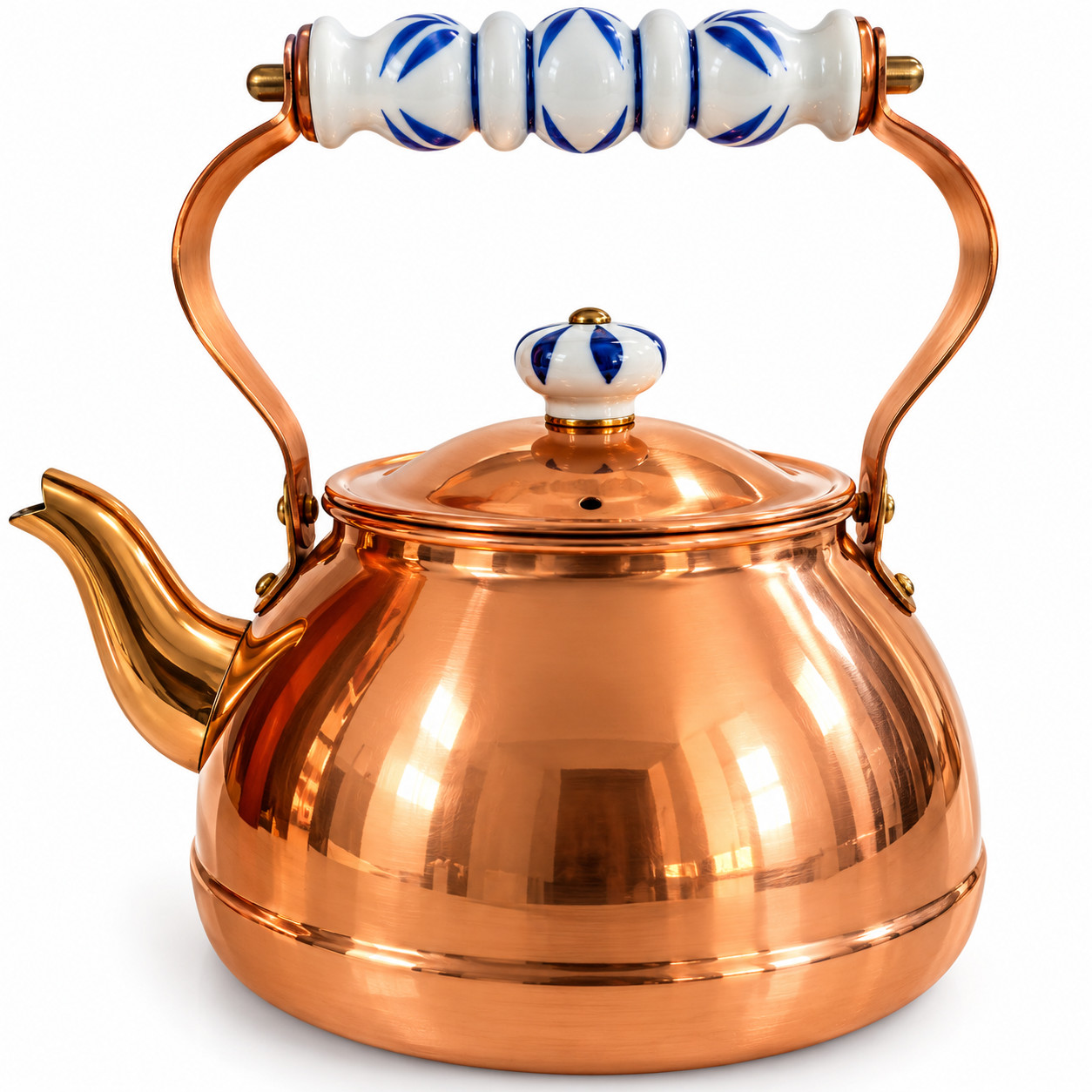 Vintage Solid Copper Tea Kettle Blue White Porcelain Handle Made in Korea