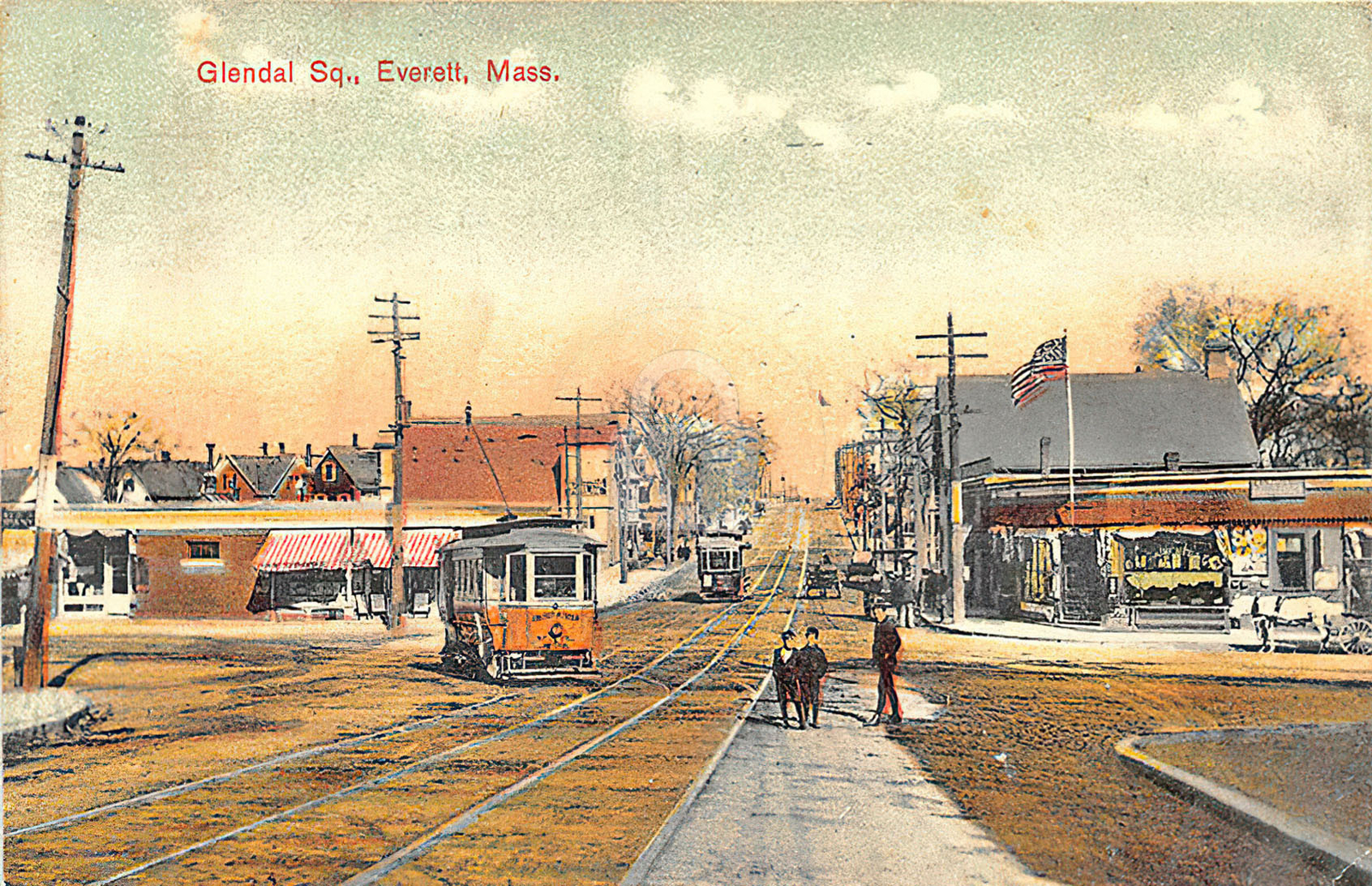 Everett MA Massachusetts Glendale Square Trolley Storefronts Postcard Copy
