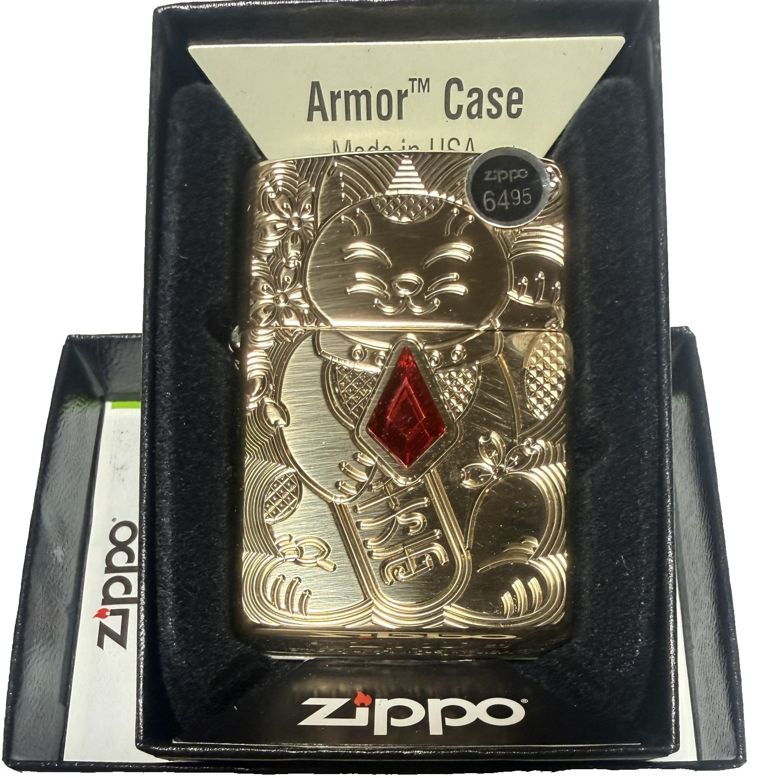 Zippo 49802 Lucky Cat Deep Carved Armor Lighter High Polish Brass Pocket New Box