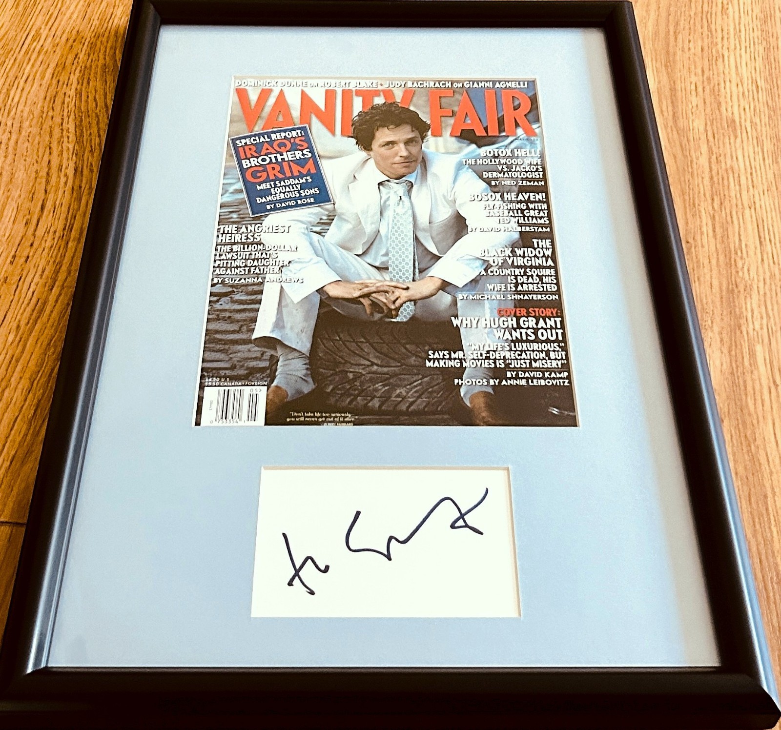 Hugh Grant signed index card cut framed 2003 Vanity Fair cover JSA Notting Hill