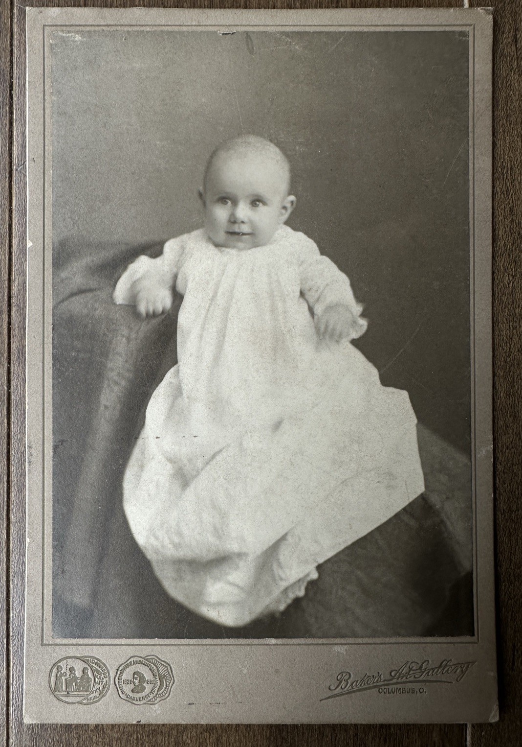 Antique Cabinet Card Baby Portrait Photo Baker’s Art Gallery Columbus Ohio 6.5”