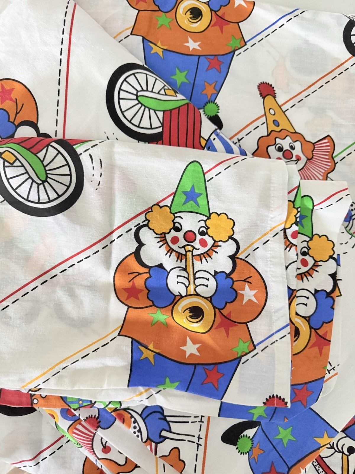 Vintage 1970s Circus Clown Twin Flat Sheet Fabric Novelty Retro Kid Bedding