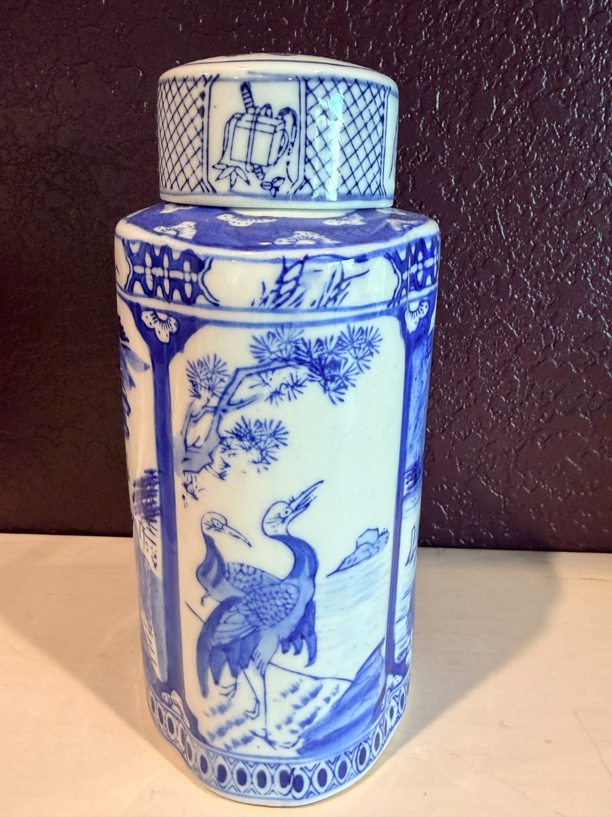 Vintage Chinese Blue White Porcelain Lidded Tea Caddy Crane Pine Landscape 8 Vintage Chinese Blue White Porcelain Lidded Tea Caddy Crane Pine Landscape 8