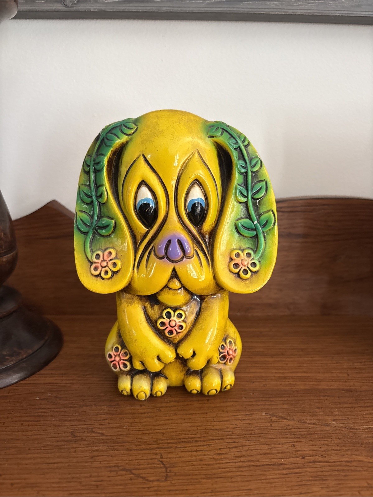 VTG 1960s 70s CHALKWARE PUPPY DOG PIGGY BANK Flower Power Mod MCM