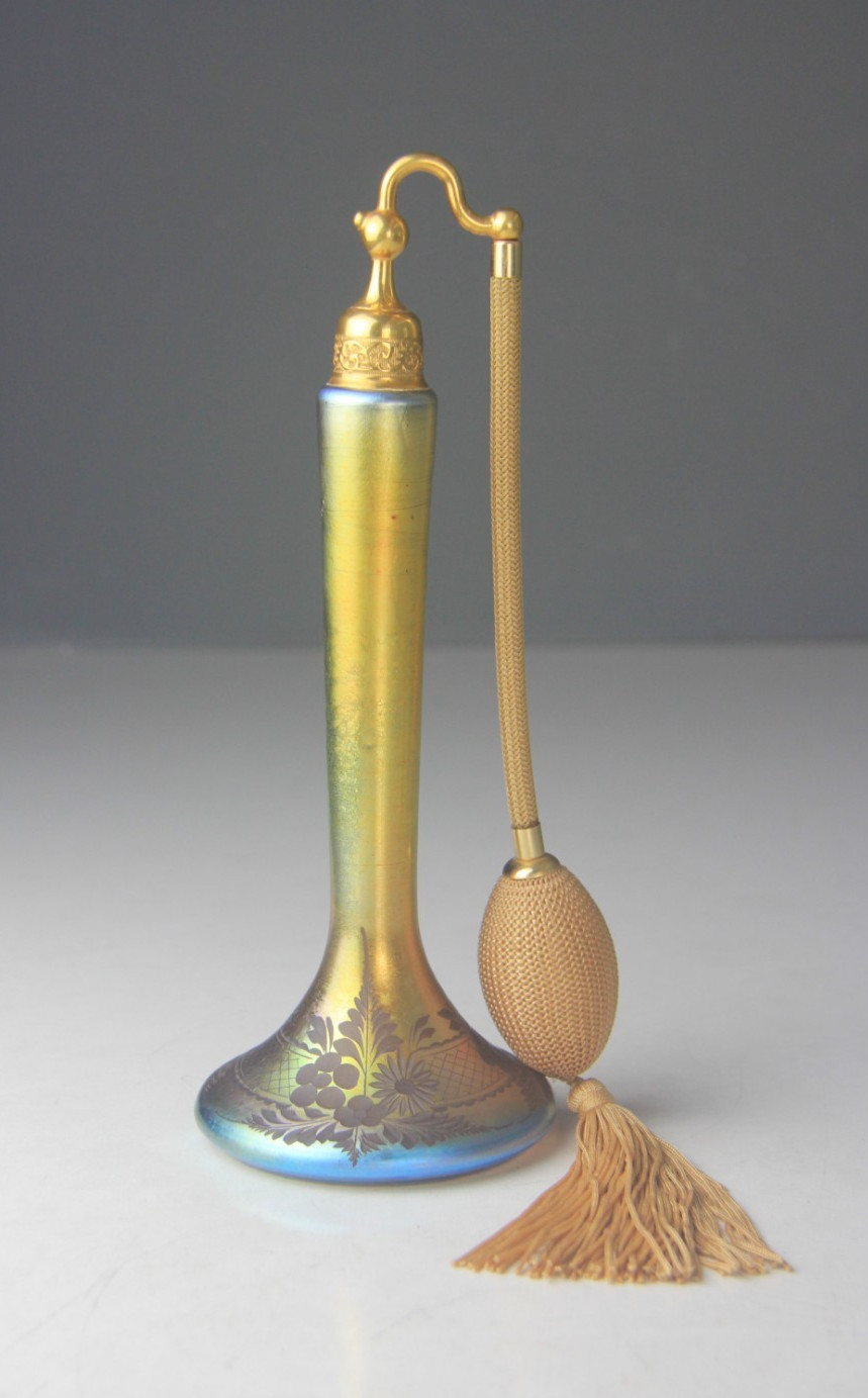 Steuben DeVilbiss Gold Aurene Perfume Atomizer Engraved w/ Floral Decoration