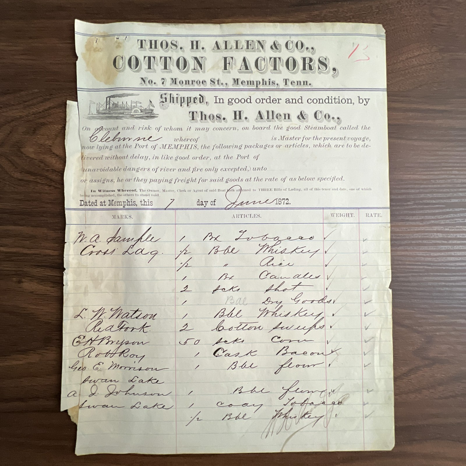 Antique 1872 Thos. H. Allen & Co. Memphis Tennessee Steamboat Bill of Lading Antique 1872 Thos. H. Allen & Co. Memphis Tennessee Steamboat Bill of Lading