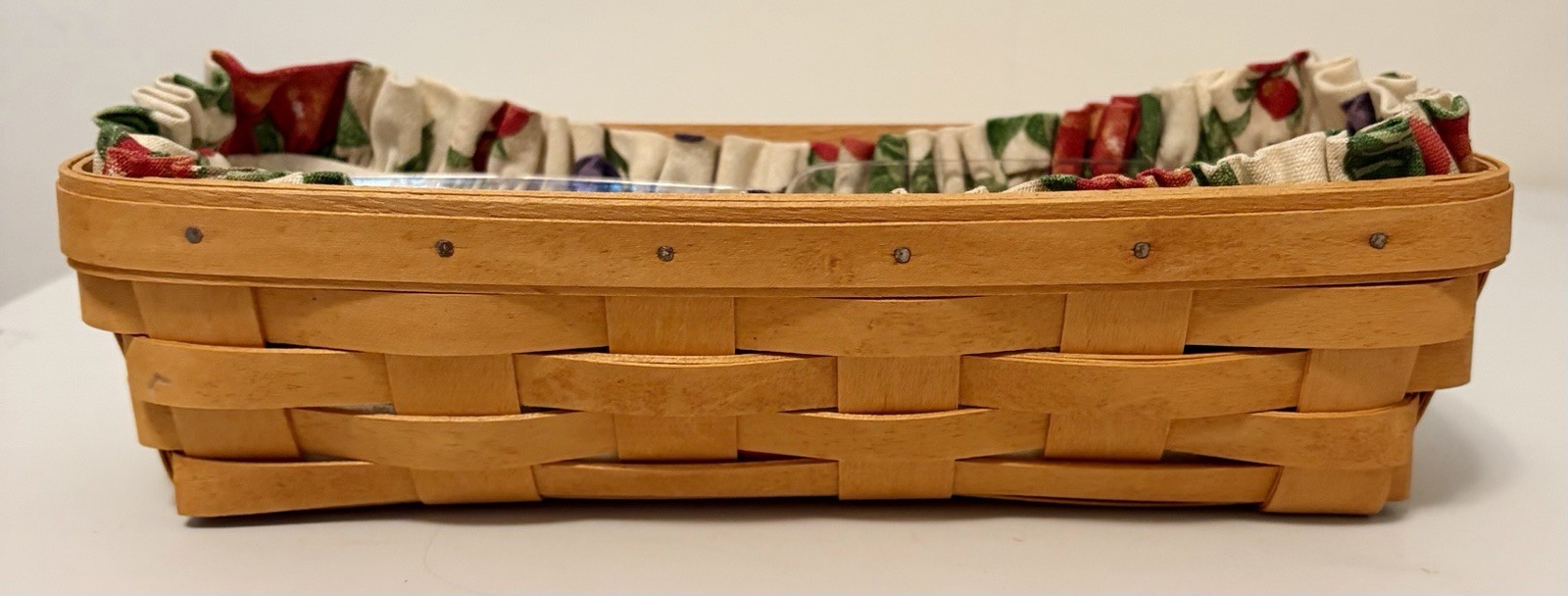 1998 Longaberger Long Basket Wood Fabric Liner Americana Farmhouse With Inserts