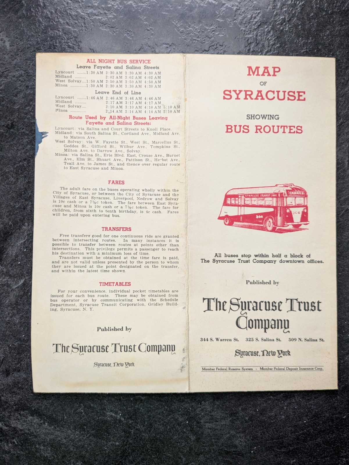 Vintage 1940s Map of Syracuse New York Bus Routes Pub. by The Syracuse Trust Co. Vintage 1940s Map of Syracuse New York Bus Routes Pub. by The Syracuse Trust Co.
