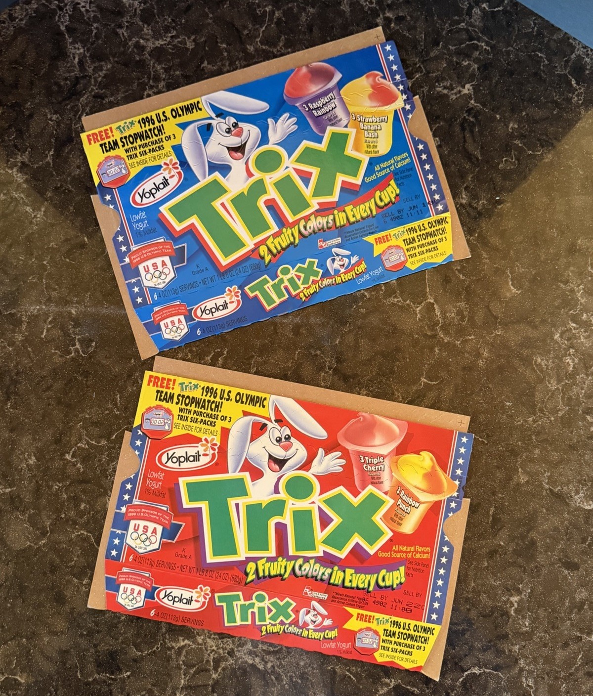 Vintage 1996 TRIX Yoplait Yogurt Product Boxes - US Olympic Team Stopwatch Offer