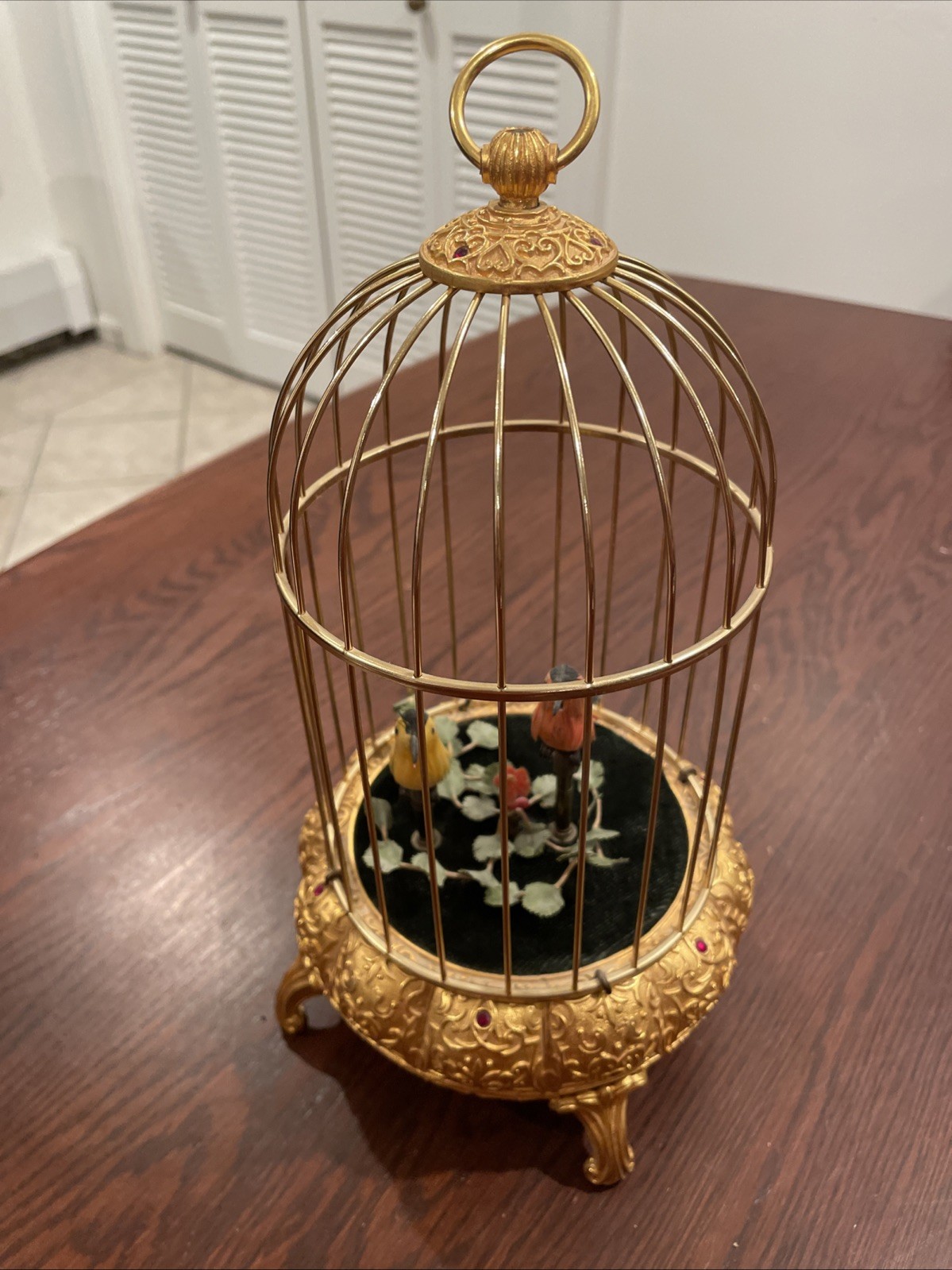 Vintage~West Germany~(2) Birds Gold Cage Wind Up Automaton Music Box~WORKS Vintage~West Germany~(2) Birds Gold Cage Wind Up Automaton Music Box~WORKS