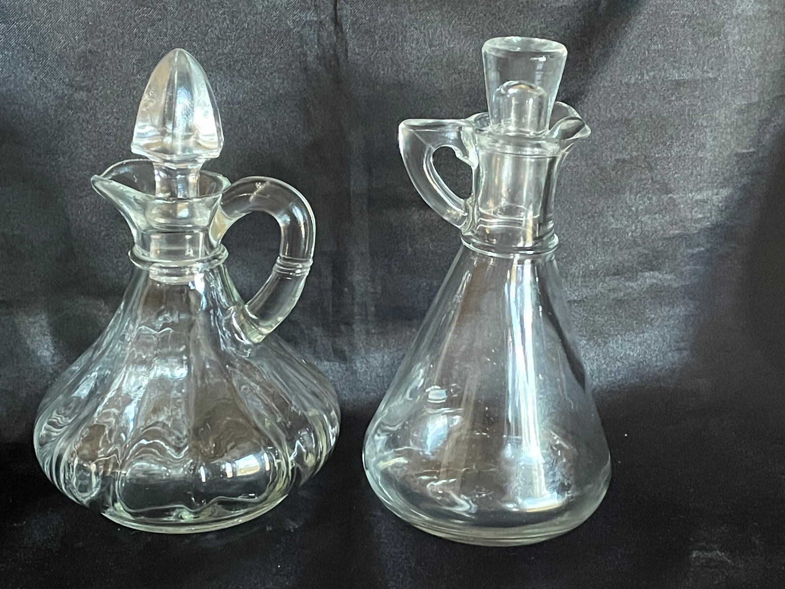 Set of 2 vintage glass vinegar or oil cruet bottles with stopper