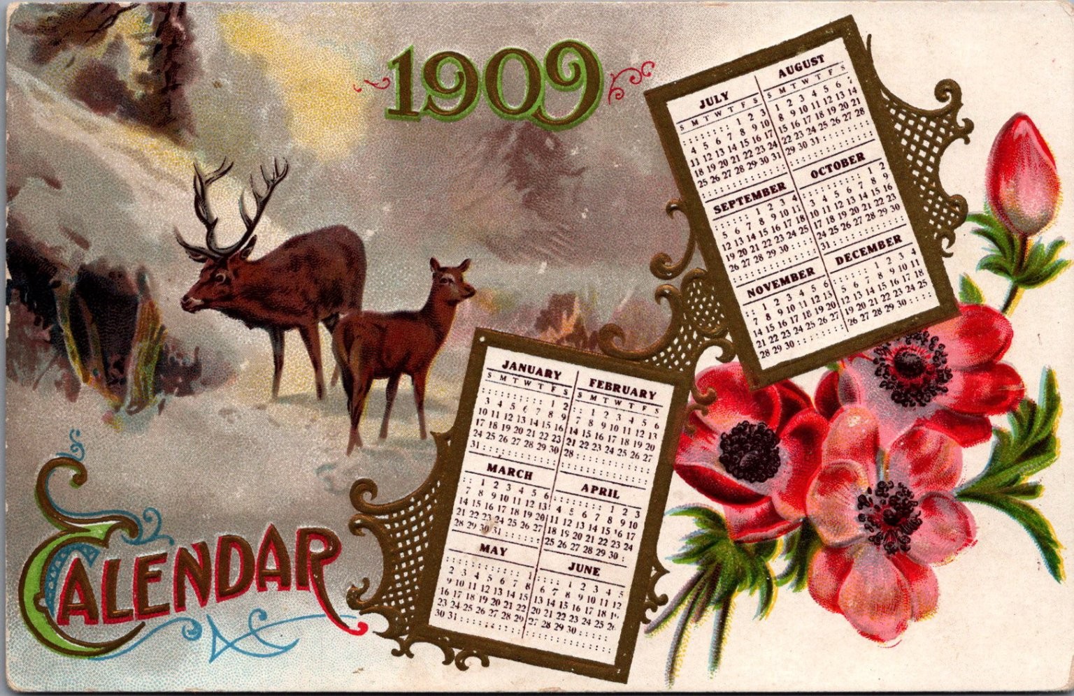 1909 Calendar Postcard Deer Stag Red Flowers Embossed New Year Antique