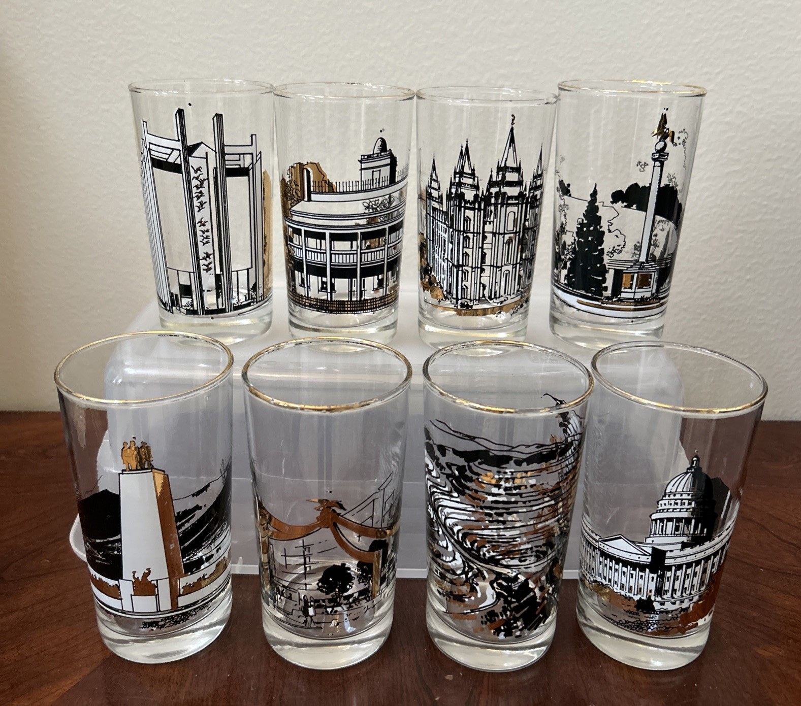 VTG Utah Landmarks Glasses Gold Trimmed 8 Pcs. VERY RARE & Collectable USA