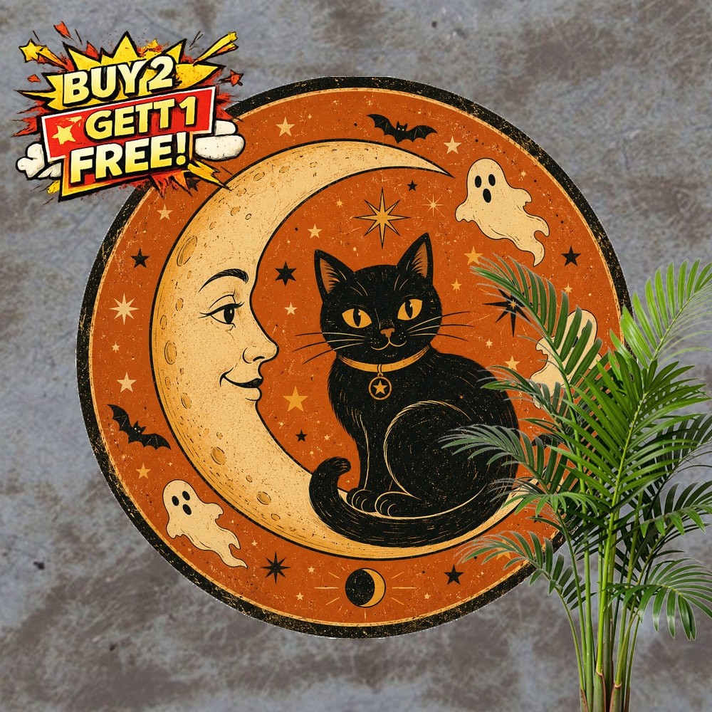 Retro Black Cat & Full Moon Sign Metal Tin Sign Vintage Halloween Decor 8x8