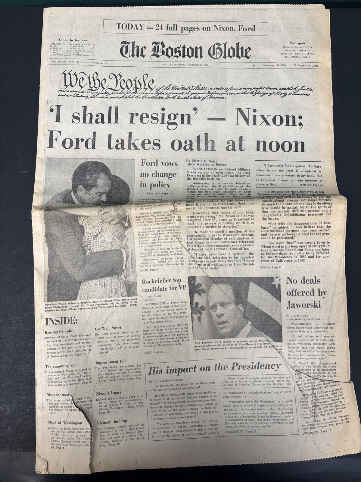 Vintage 1974 The Boston Globe Newspaper Richard Nixon Resigns Watergate Ford