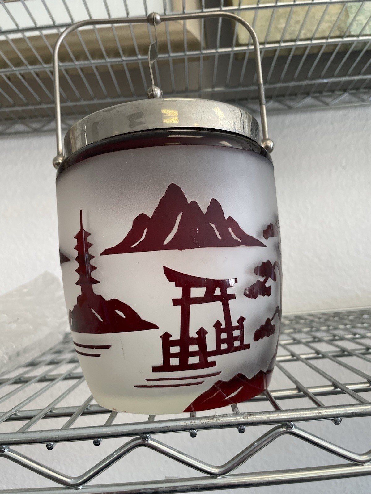 Vintage Noritake Red Flash Painted Ice Bucket With Handle And Lid. 1950-60s