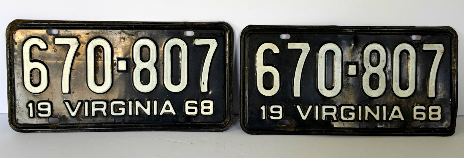 Vintage 1968 Virginia License Plate Pair 670-807 Black White YOM Eligible Vintage 1968 Virginia License Plate Pair 670-807 Black White YOM Eligible