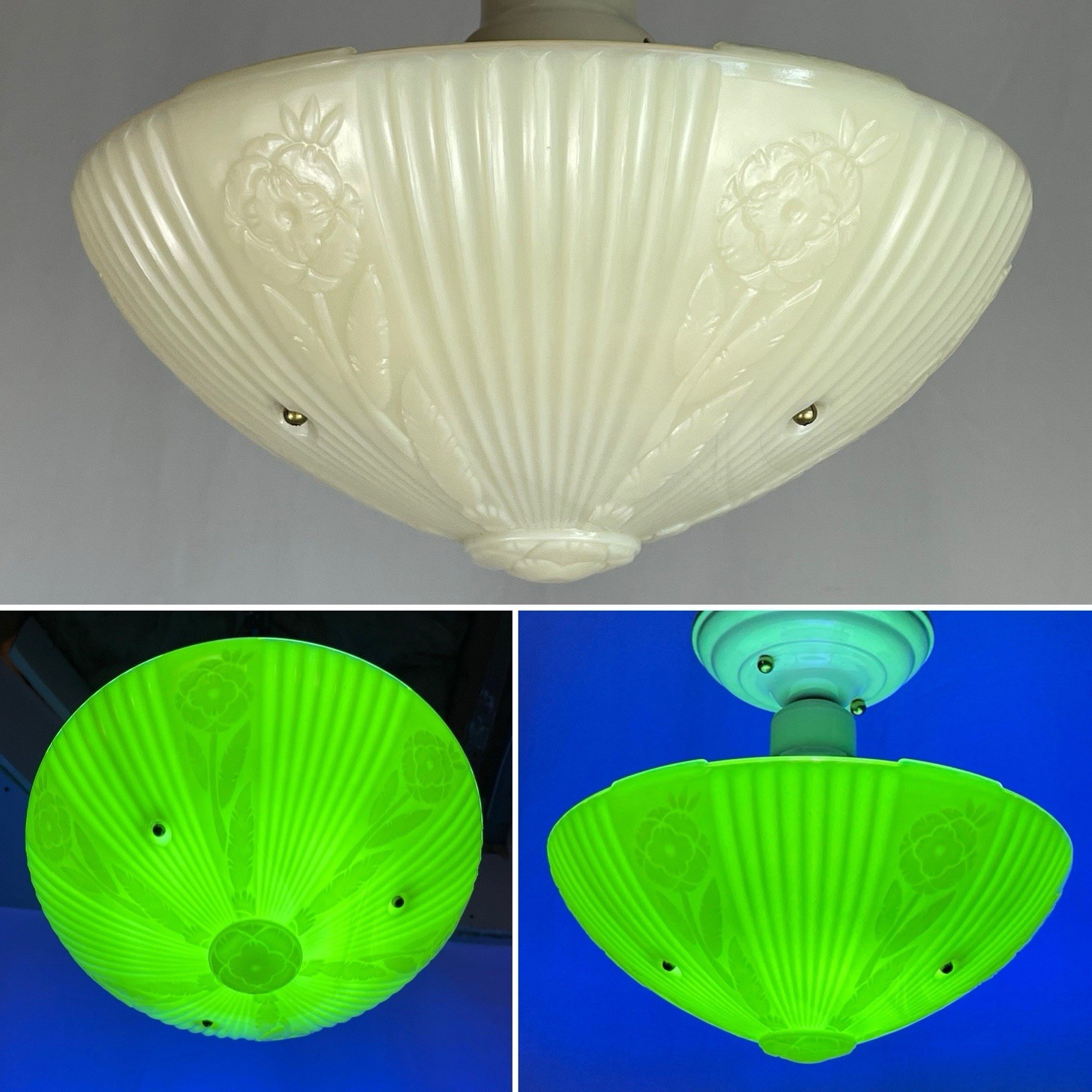 REWIRED Vtg Uranium Glass Art Deco Ceiling Light Custard Semi Flush 20s 30s 40s