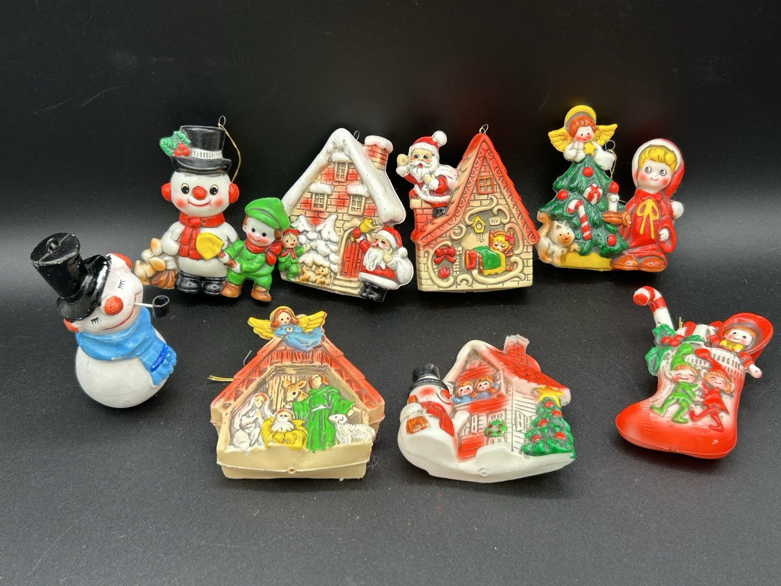 8 VTG Snowman Santa House Children Blow Mold Christmas Ornaments Japan